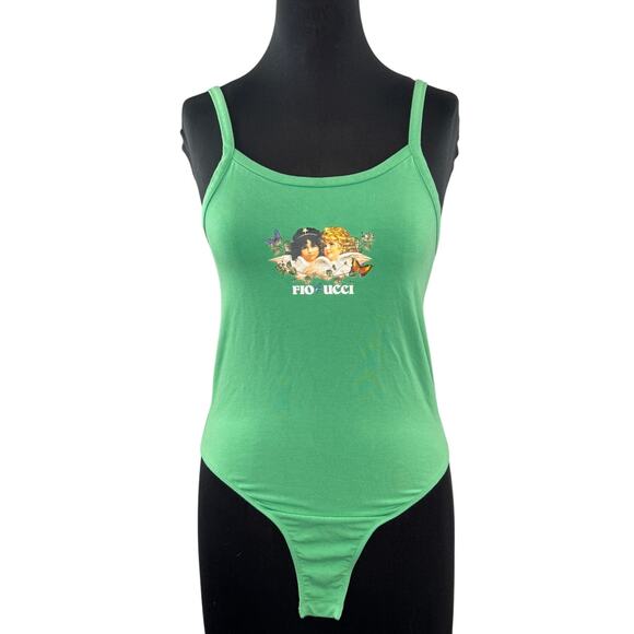 FIORUCCI Green Bodysuit Woodlands Angel Scoop Neck Spaghetti Strap L Large NWD - Picture 1 of 5